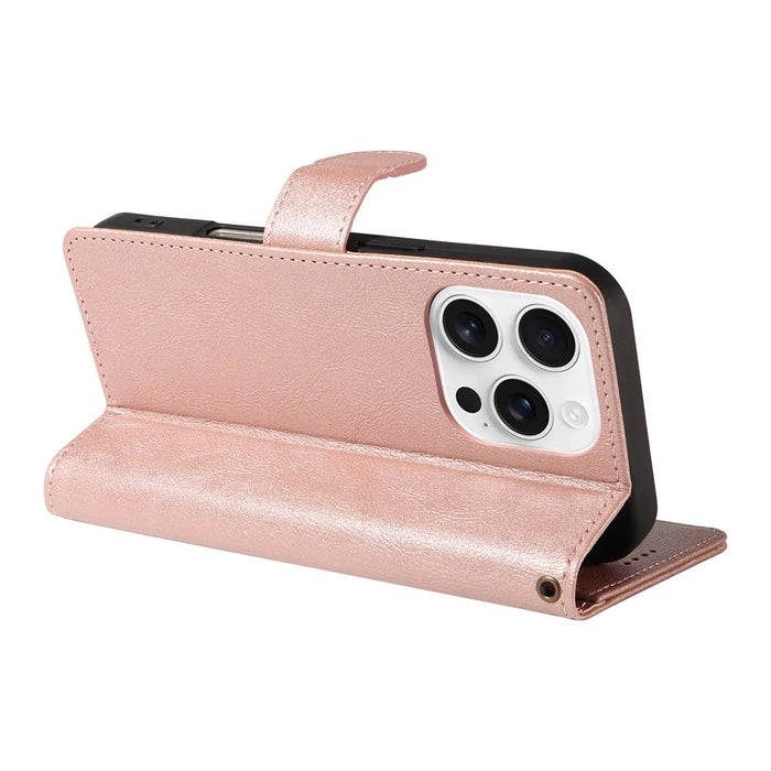 For iPhone 16 Pro Case with Wrist Strap RFID Blocking Wallet Cowhide Texture Leather Phone Cover - Rose Gold - 4
