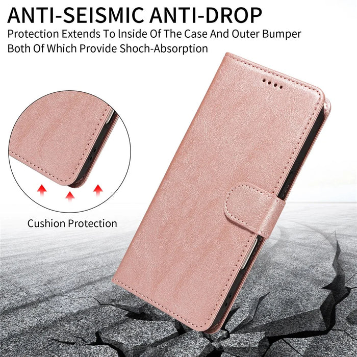 For iPhone 16 Pro Case with Wrist Strap RFID Blocking Wallet Cowhide Texture Leather Phone Cover - Rose Gold - 7