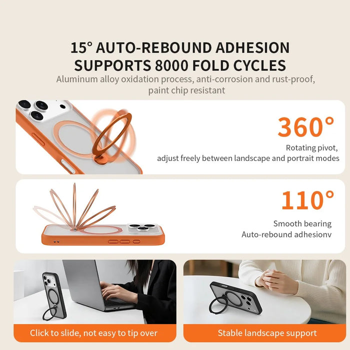 ZGA for iPhone 17 Pro Max Magnetic Case Rotating Kickstand Frosted PC + TPU Shockproof Phone Cover - Orange - 4