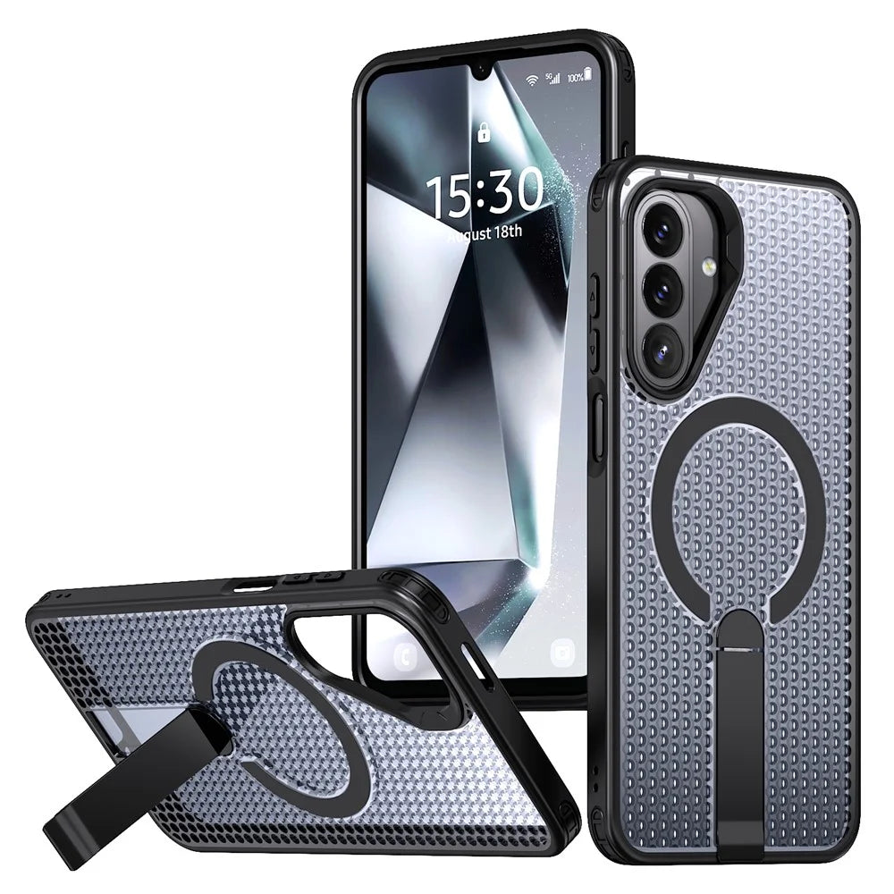 For Samsung Galaxy A27 5G Magnetic Case Kickstand Grid Texture TPU PC Phone Back Cover - Black - 1