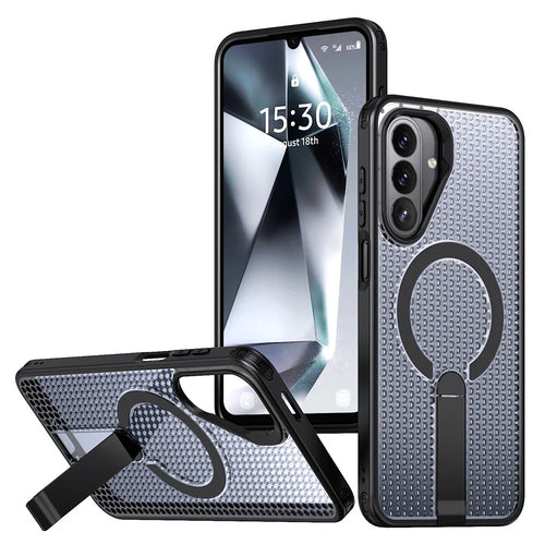 For Samsung Galaxy A27 5G Magnetic Case Kickstand Grid Texture TPU PC Phone Back Cover - Black - 1