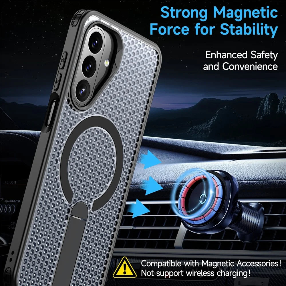 For Samsung Galaxy A27 5G Magnetic Case Kickstand Grid Texture TPU PC Phone Back Cover - Black - 2