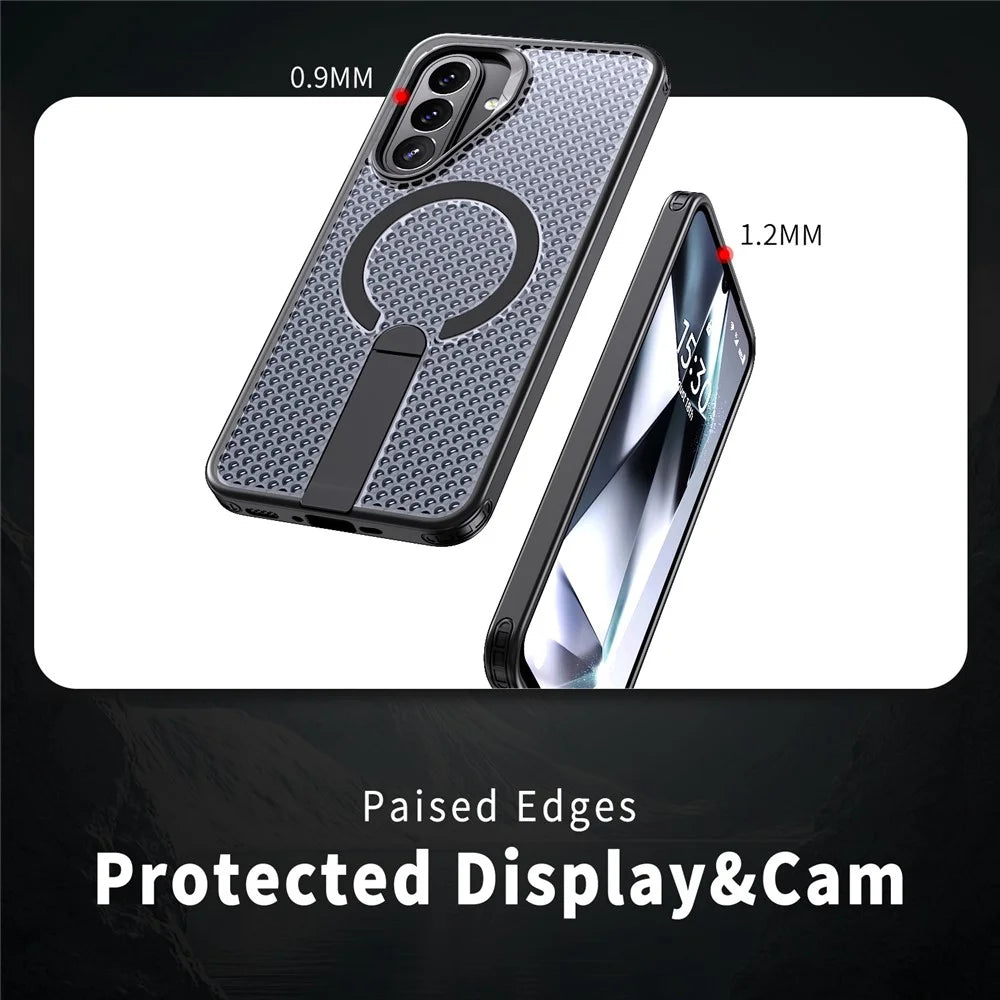 For Samsung Galaxy A27 5G Magnetic Case Kickstand Grid Texture TPU PC Phone Back Cover - Black - 4