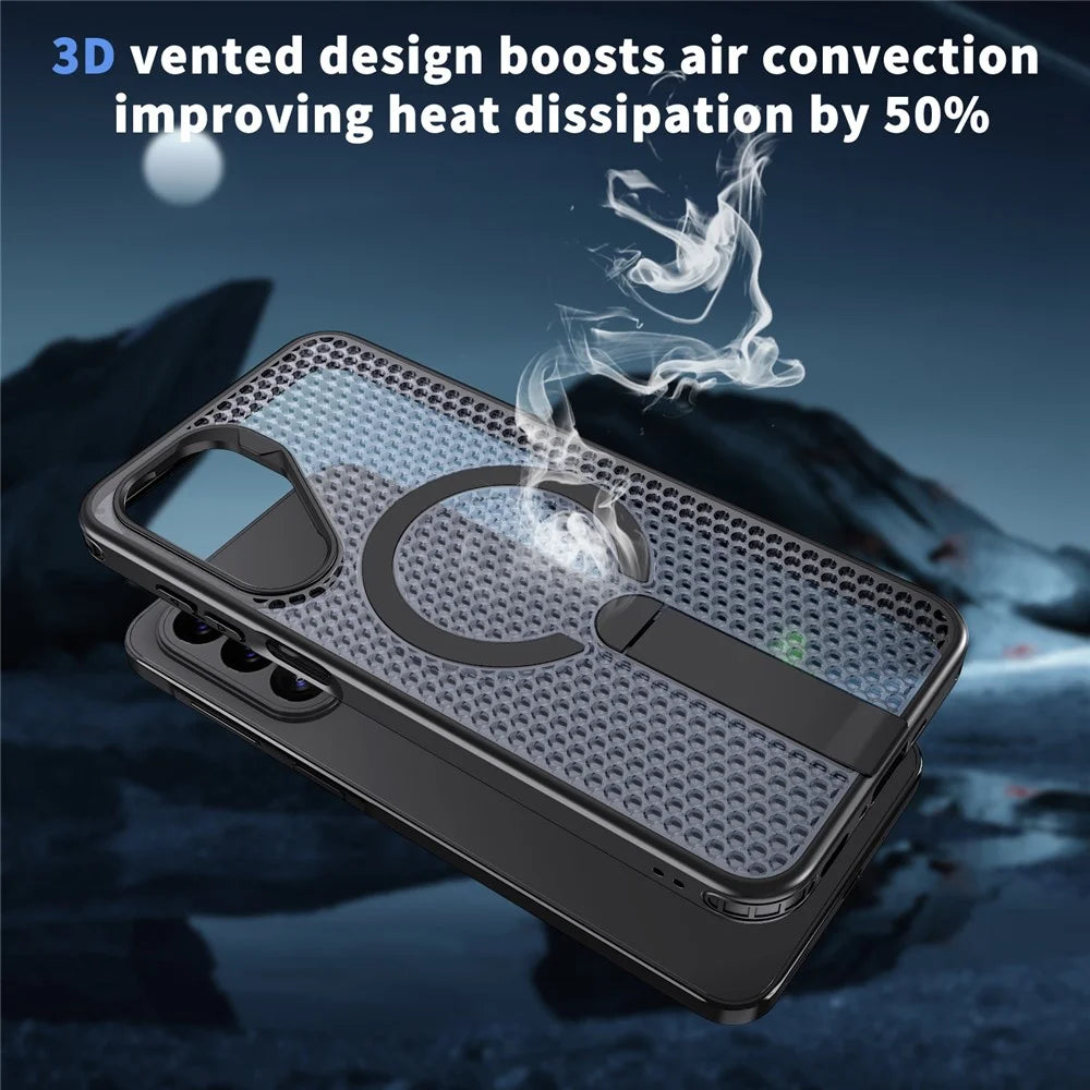For Samsung Galaxy A27 5G Magnetic Case Kickstand Grid Texture TPU PC Phone Back Cover - Black - 7