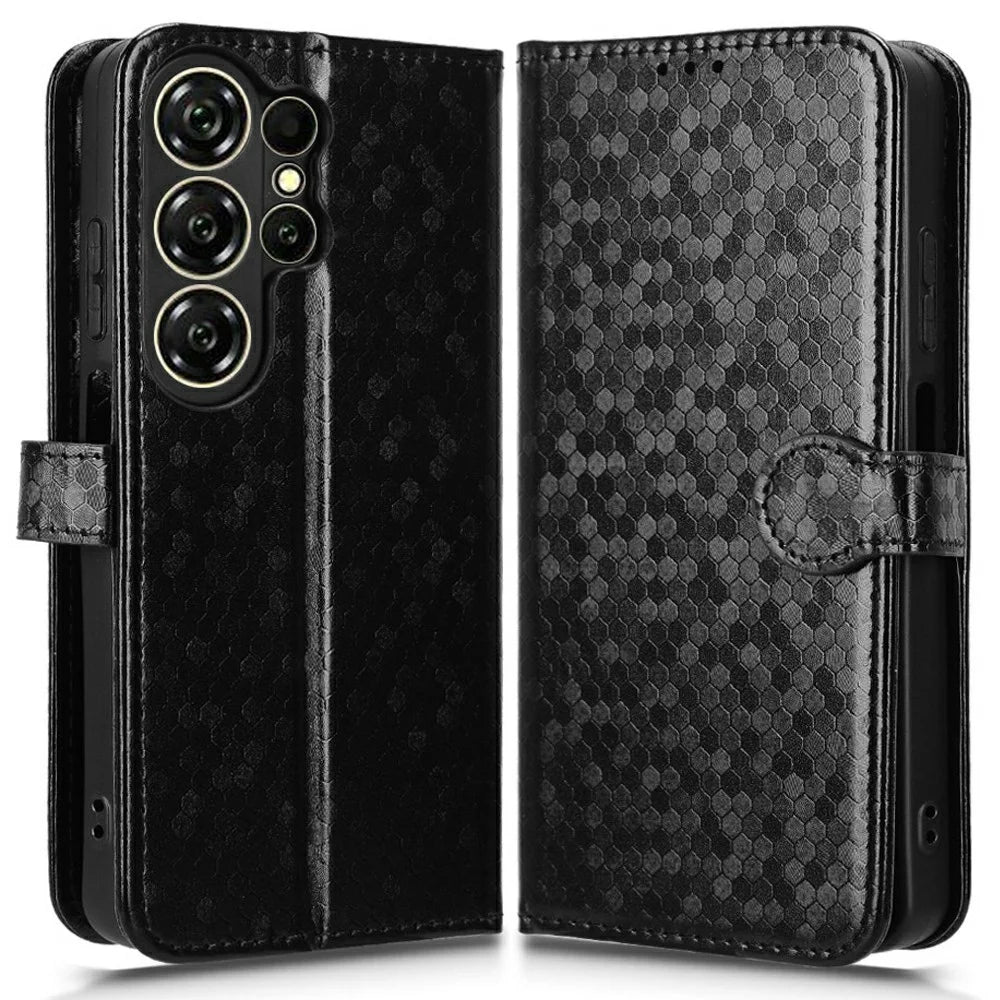 For Oukitel C26 Wallet Case Dot Pattern Imprint PU Leather Phone Cover with Wrist Strap - Black - 1