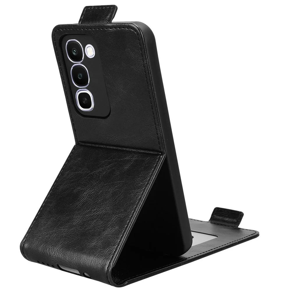 For Realme C100 4G Stand Case Magnetic Clasp Vertical Flip Leather Phone Cover with Card Holder - Black - 4