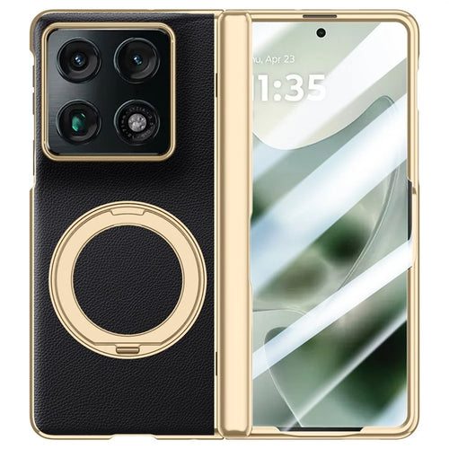 For Motorola Razr Fold 5G Magnetic Case with Tempered Glass 360° Rotatable Metal Ring Kickstand PU Leather + PC + Acrylic Cover - Black - 1