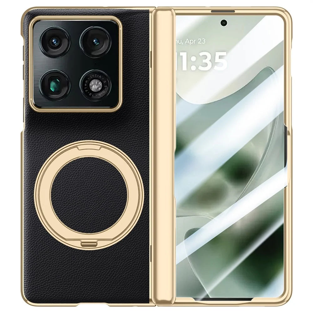 For Motorola Razr Fold 5G Magnetic Case with Tempered Glass 360° Rotatable Metal Ring Kickstand PU Leather + PC + Acrylic Cover - Black - 1