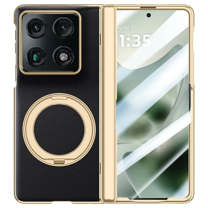 For Motorola Razr Fold 5G Magnetic Case with Tempered Glass 360° Rotatable Metal Ring Kickstand PU Leather + PC + Acrylic Cover - Black - 1