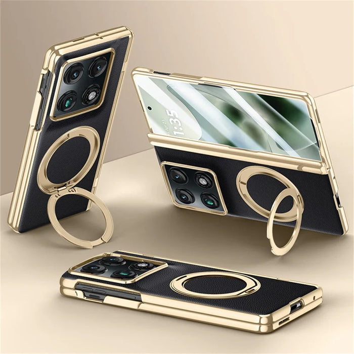 For Motorola Razr Fold 5G Magnetic Case with Tempered Glass 360° Rotatable Metal Ring Kickstand PU Leather + PC + Acrylic Cover - Black - 2
