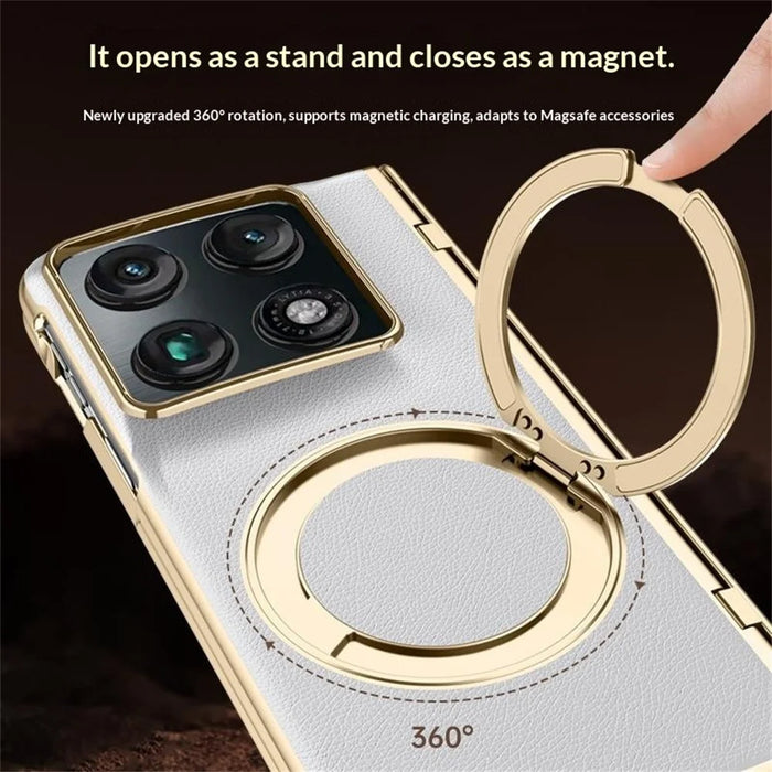 For Motorola Razr Fold 5G Magnetic Case with Tempered Glass 360° Rotatable Metal Ring Kickstand PU Leather + PC + Acrylic Cover - Black - 3