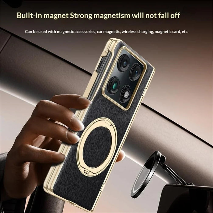 For Motorola Razr Fold 5G Magnetic Case with Tempered Glass 360° Rotatable Metal Ring Kickstand PU Leather + PC + Acrylic Cover - Black - 5