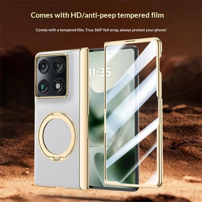 For Motorola Razr Fold 5G Magnetic Case with Tempered Glass 360° Rotatable Metal Ring Kickstand PU Leather + PC + Acrylic Cover - Black - 6