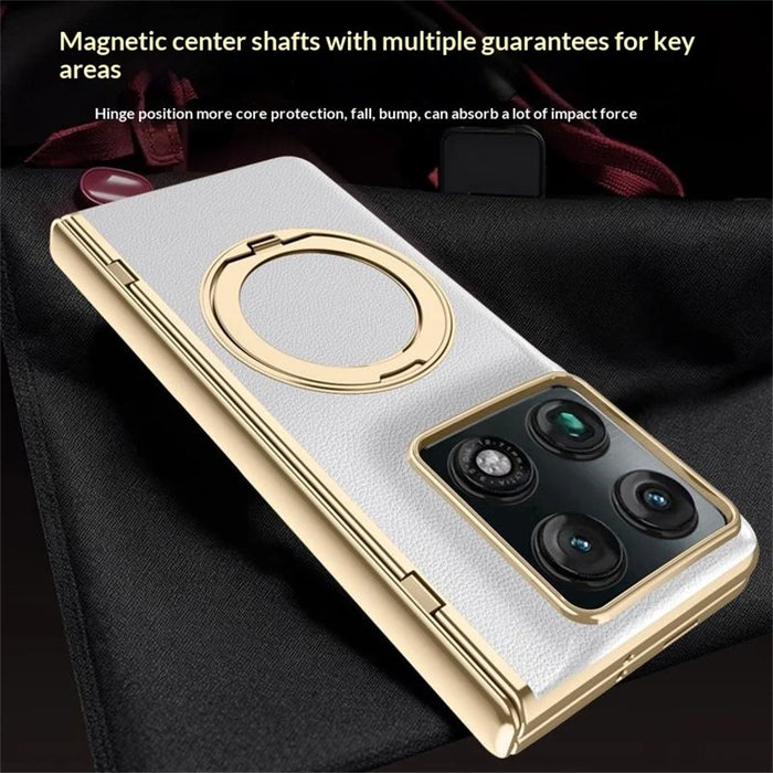 For Motorola Razr Fold 5G Magnetic Case with Tempered Glass 360° Rotatable Metal Ring Kickstand PU Leather + PC + Acrylic Cover - Black - 7