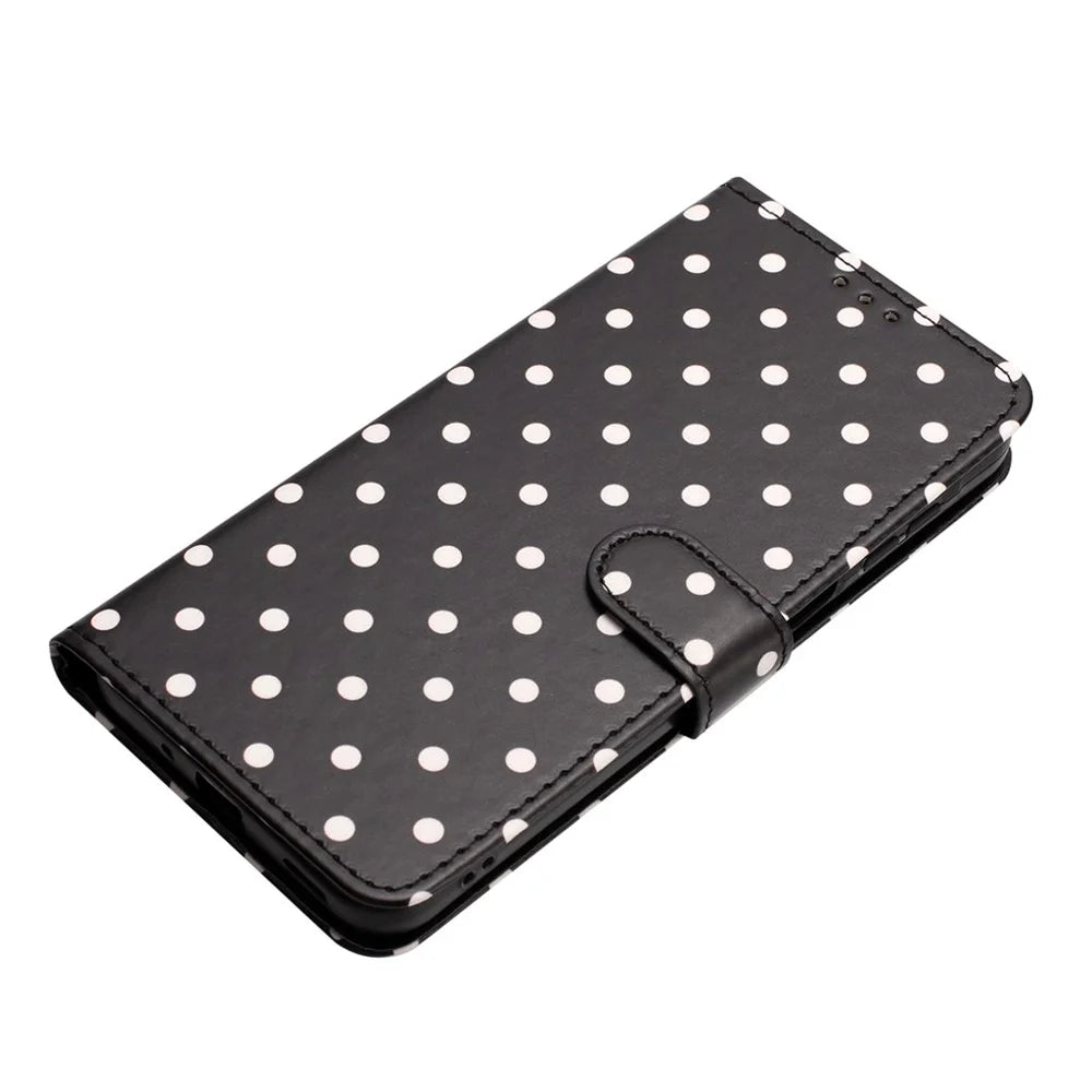 For Samsung Galaxy A57 5G Leather Case Polka Dot Pattern Wallet Stand Folio Phone Cover - Black - 6