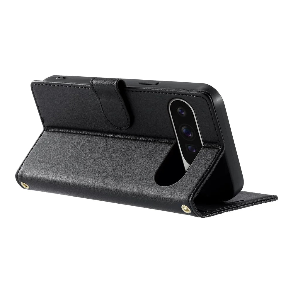 For Google Pixel 9 Pro XL  /  10 Pro XL Case Embossed Totem Leather Flip Wallet Phone Cover with Wrist Strap - Black - 3