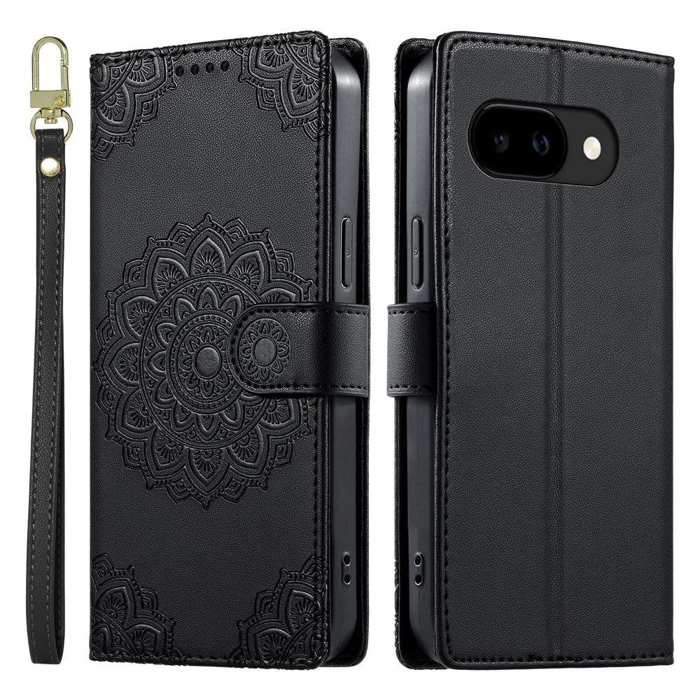 For Google Pixel 9a Case Embossed Totem Leather Flip Wallet Phone Cover with Wrist Strap - Black - 1