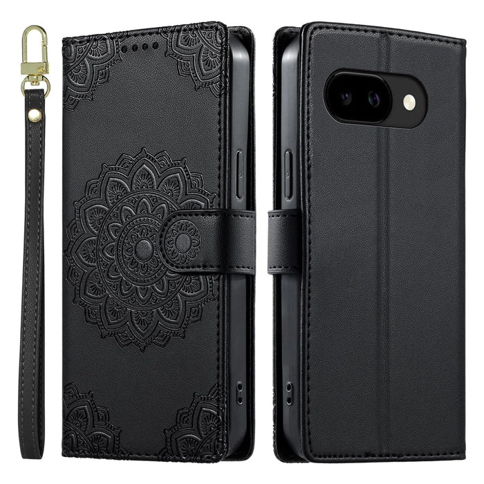For Google Pixel 9a Case Embossed Totem Leather Flip Wallet Phone Cover with Wrist Strap - Black - 1