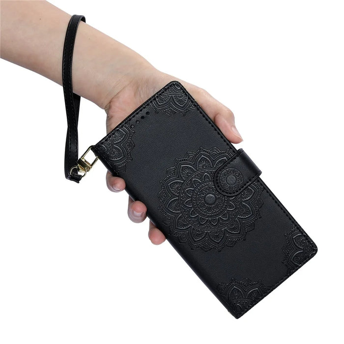 For Google Pixel 9a Case Embossed Totem Leather Flip Wallet Phone Cover with Wrist Strap - Black - 4