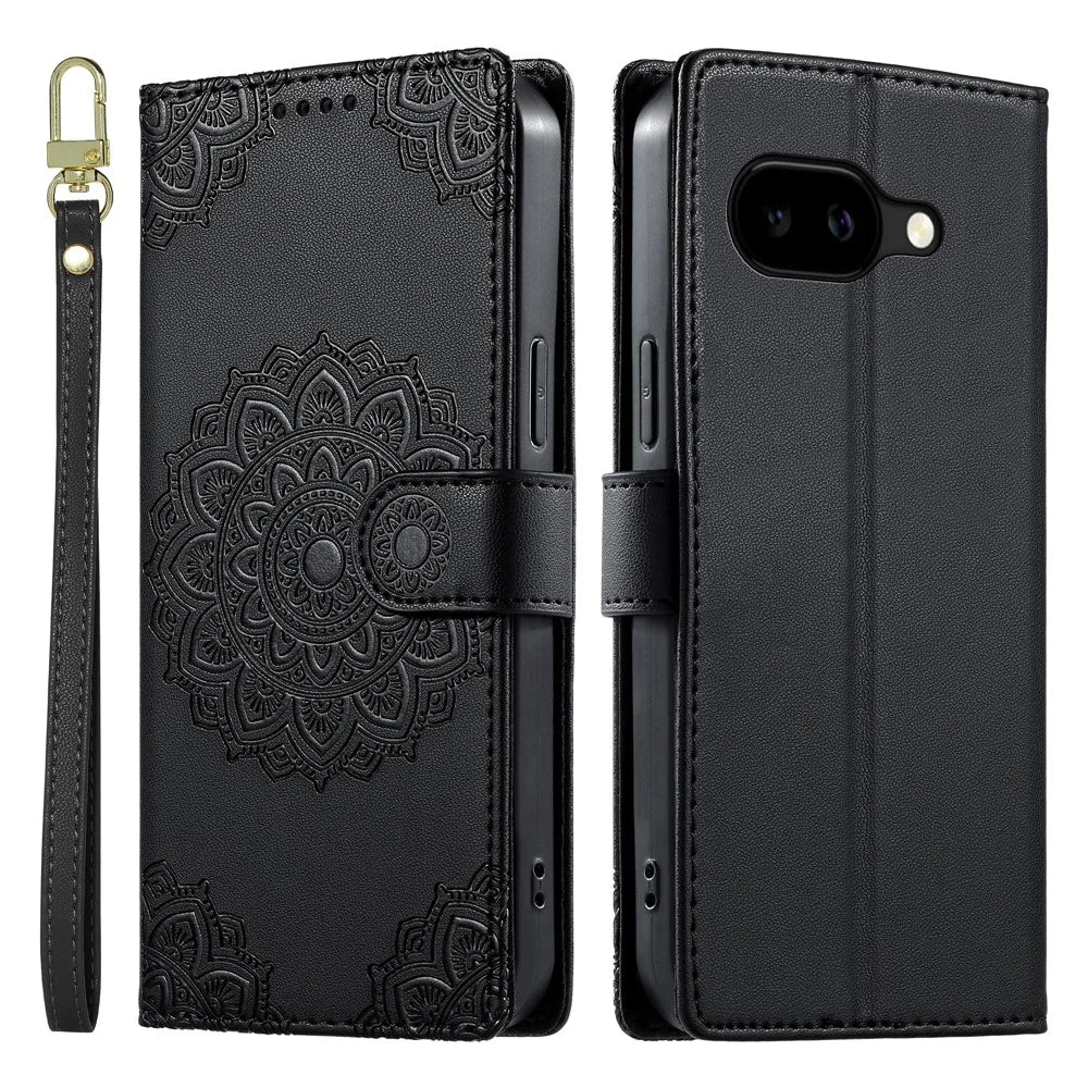 For Google Pixel 10a Case Embossed Totem Leather Flip Wallet Phone Cover with Wrist Strap - Black - 1