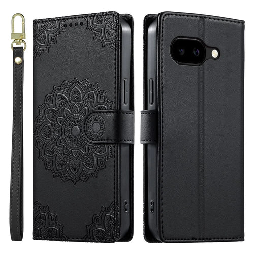For Google Pixel 10a Case Embossed Totem Leather Flip Wallet Phone Cover with Wrist Strap - Black - 1
