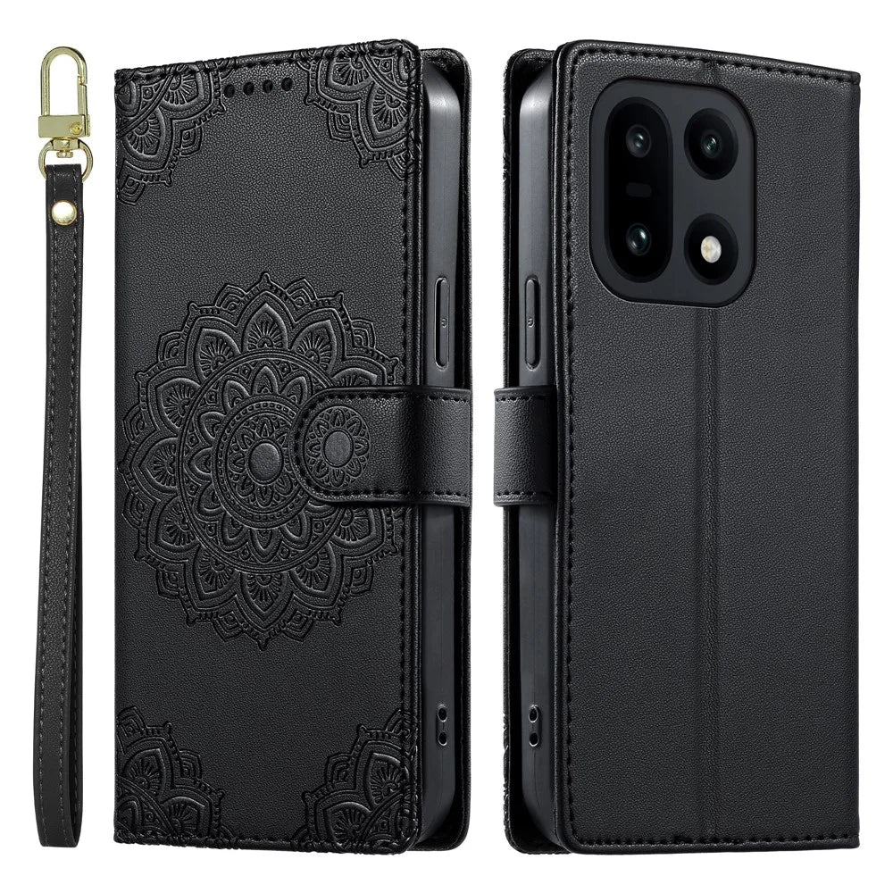 For OnePlus 15 5G Case Embossed Totem Leather Flip Wallet Phone Cover with Wrist Strap - Black - 1