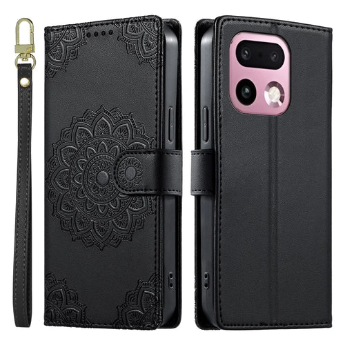 For Realme 16 Pro+ 5G Case Embossed Totem Leather Flip Wallet Phone Cover with Wrist Strap - Black - 1