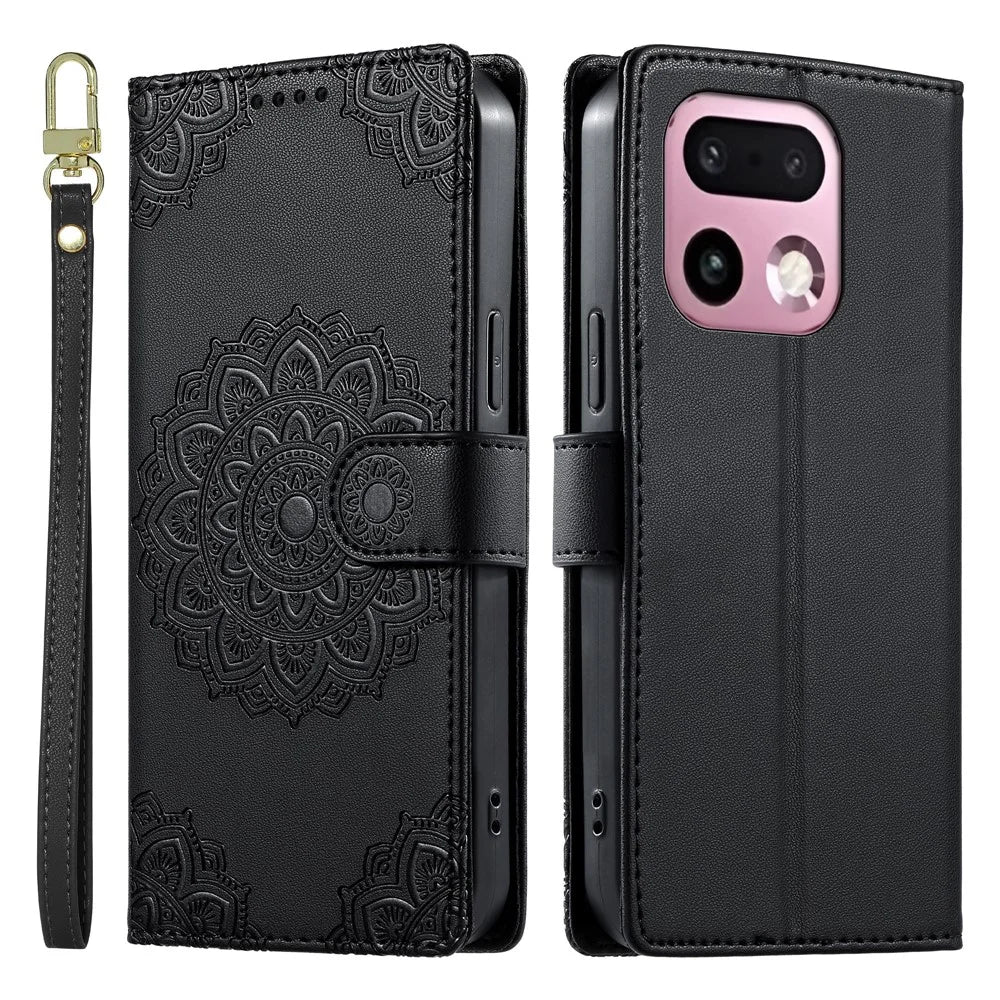 For Realme 16 Pro+ 5G Case Embossed Totem Leather Flip Wallet Phone Cover with Wrist Strap - Black - 1