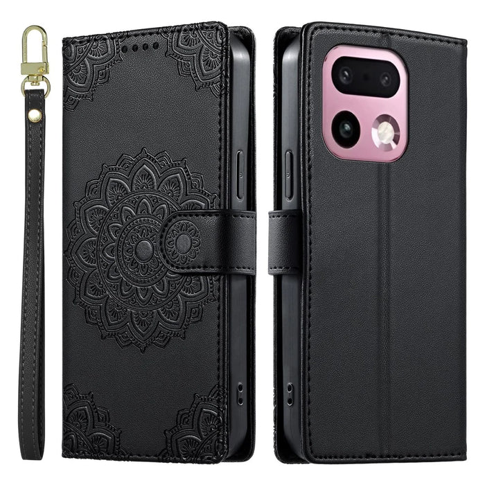 For Realme 16 Pro+ 5G Case Embossed Totem Leather Flip Wallet Phone Cover with Wrist Strap - Black - 1