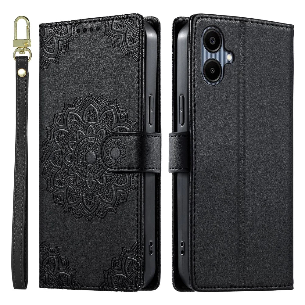 For Samsung Galaxy A08 5G / A08 4G / A07 5G / A06 5G / A06 4G Case Embossed Totem Leather Flip Wallet Phone Cover with Wrist Strap - Black - 1