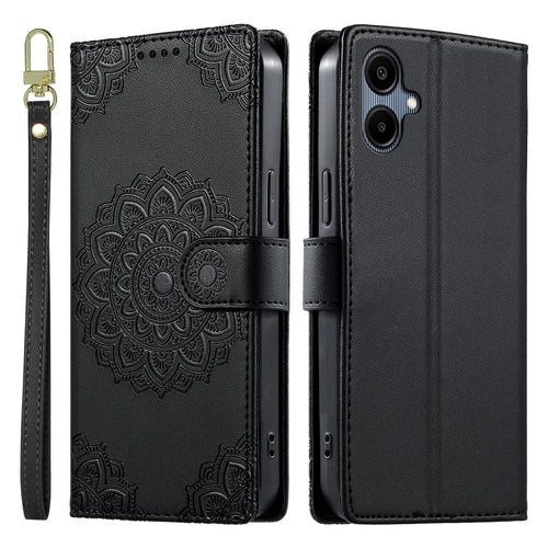 For Samsung Galaxy A08 5G / A08 4G / A07 5G / A06 5G / A06 4G Case Embossed Totem Leather Flip Wallet Phone Cover with Wrist Strap - Black - 1