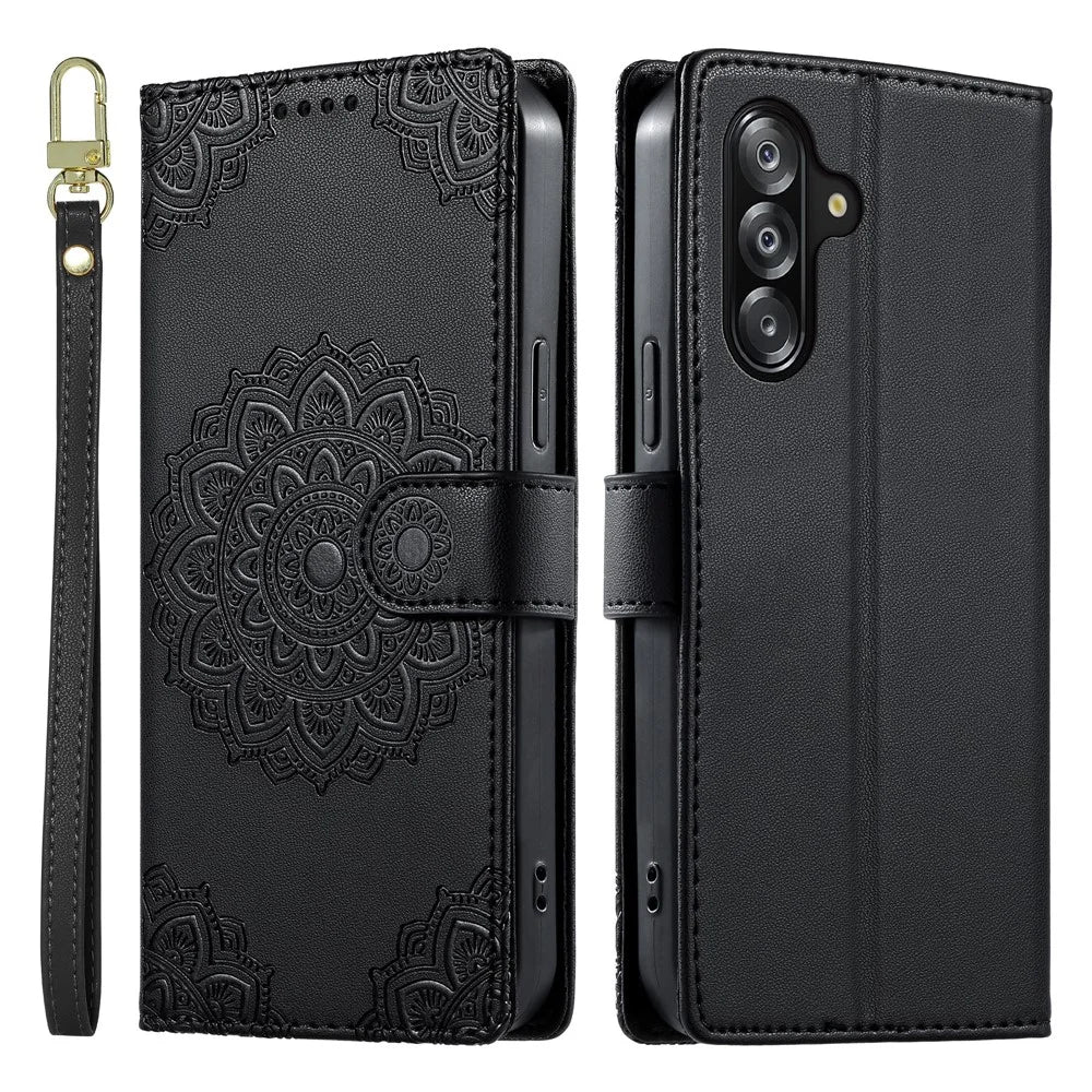 For Samsung Galaxy A18 5G / A18 4G / A17 5G / A17 4G / A26 5G / A16 5G / A16 4G Case Embossed Totem Leather Flip Wallet Phone Cover with Wrist Strap - Black - 1