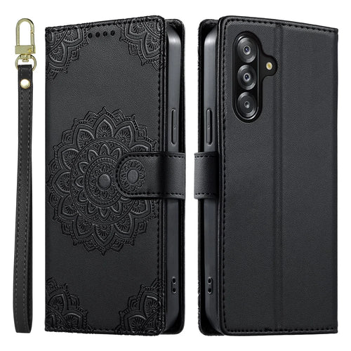 For Samsung Galaxy A18 5G / A18 4G / A17 5G / A17 4G / A26 5G / A16 5G / A16 4G Case Embossed Totem Leather Flip Wallet Phone Cover with Wrist Strap - Black - 1