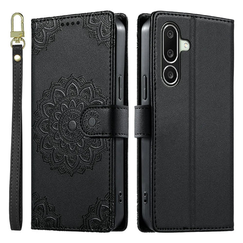 For Samsung Galaxy A27 5G Case Embossed Totem Leather Flip Wallet Phone Cover with Wrist Strap - Black - 1