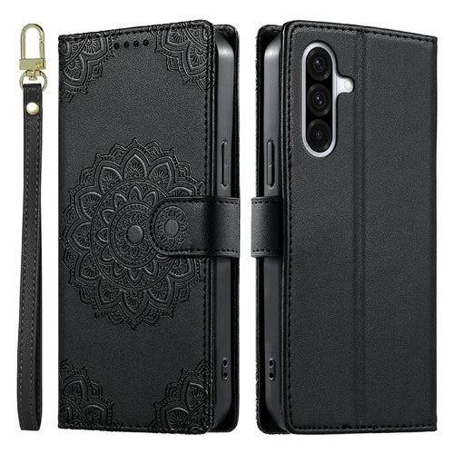 For Samsung Galaxy A36 5G Case Embossed Totem Leather Flip Wallet Phone Cover with Wrist Strap - Black - 1
