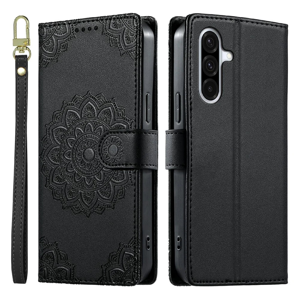 For Samsung Galaxy A36 5G Case Embossed Totem Leather Flip Wallet Phone Cover with Wrist Strap - Black - 1