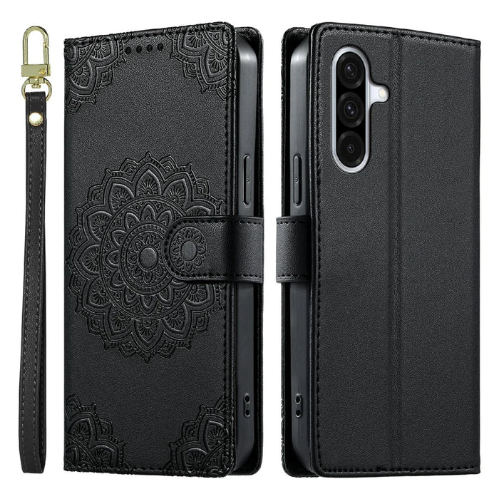 For Samsung Galaxy A36 5G Case Embossed Totem Leather Flip Wallet Phone Cover with Wrist Strap - Black - 1