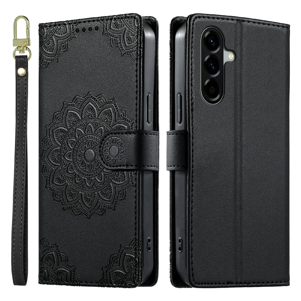 For Samsung Galaxy A56 5G Case Embossed Totem Leather Flip Wallet Phone Cover with Wrist Strap - Black - 1