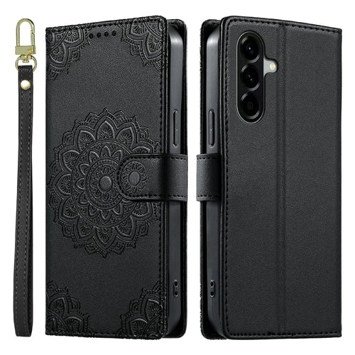 For Samsung Galaxy A56 5G Case Embossed Totem Leather Flip Wallet Phone Cover with Wrist Strap - Black - 1