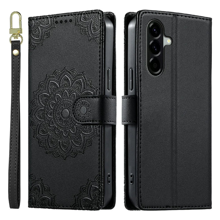 For Samsung Galaxy A57 5G Case Embossed Totem Leather Flip Wallet Phone Cover with Wrist Strap - Black - 1
