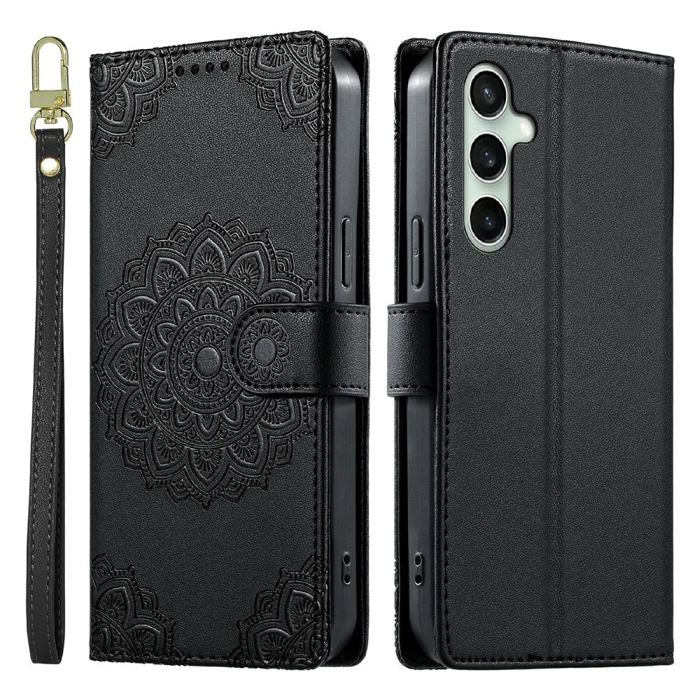 For Samsung Galaxy S24 FE Case Embossed Totem Leather Flip Wallet Phone Cover with Wrist Strap - Black - 1