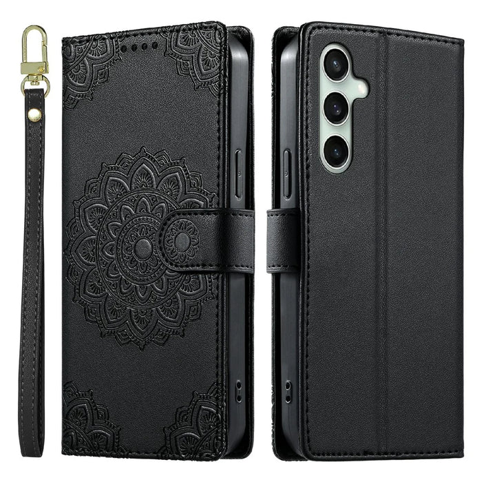 For Samsung Galaxy S24 FE Case Embossed Totem Leather Flip Wallet Phone Cover with Wrist Strap - Black - 1