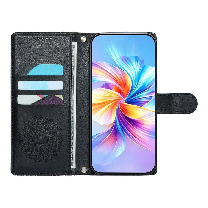 For Samsung Galaxy S24 FE Case Embossed Totem Leather Flip Wallet Phone Cover with Wrist Strap - Black - 2