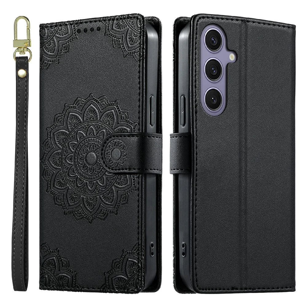 For Samsung Galaxy S24  /  S25 Case Embossed Totem Leather Flip Wallet Phone Cover with Wrist Strap - Black - 1