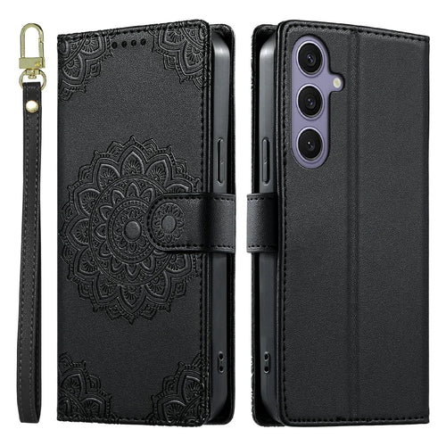 For Samsung Galaxy S24+ /  S25+ Case Embossed Totem Leather Flip Wallet Phone Cover with Wrist Strap - Black - 1