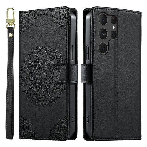 For Samsung Galaxy S25 Ultra Case Embossed Totem Leather Flip Wallet Phone Cover with Wrist Strap - Black - 1