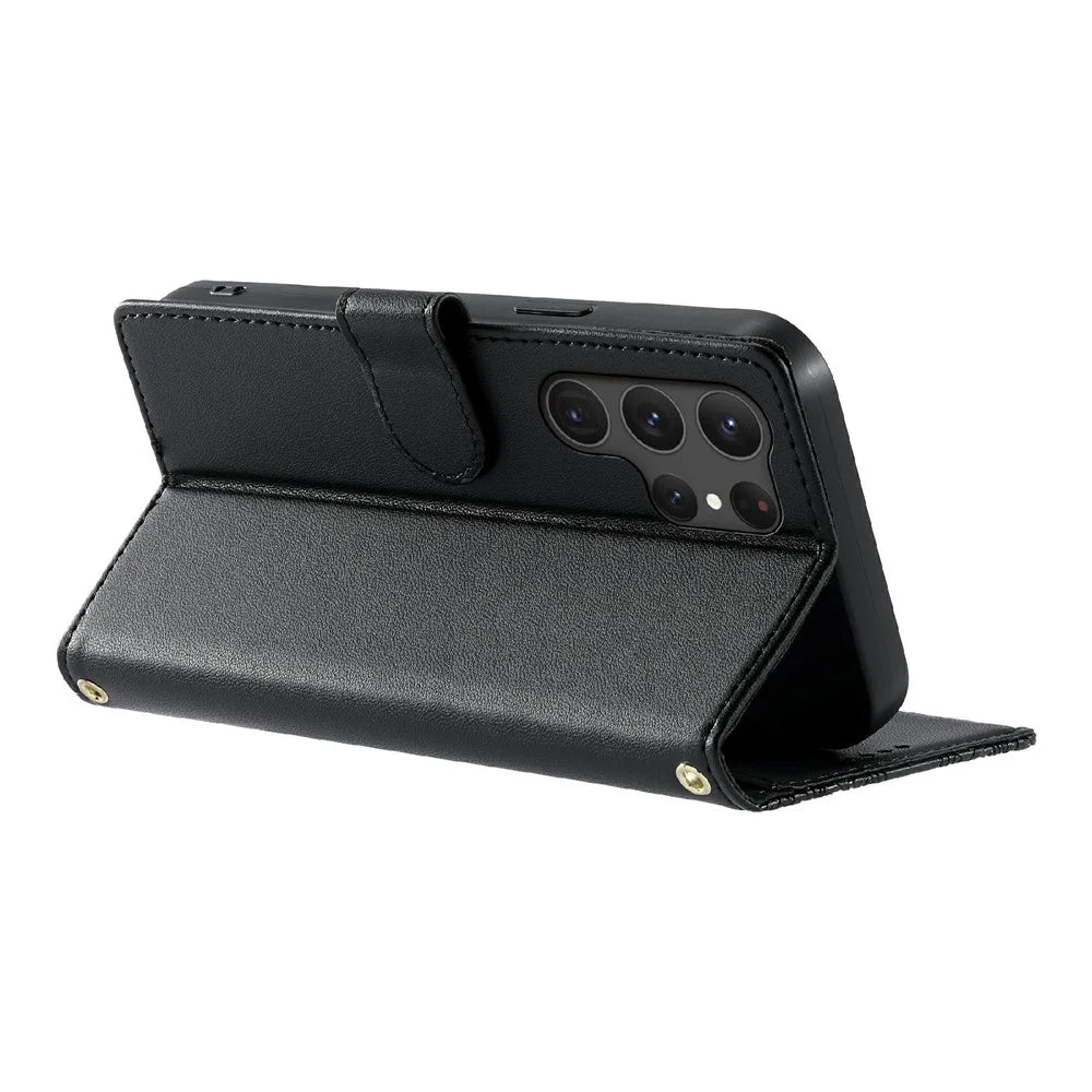 For Samsung Galaxy S25 Ultra Case Embossed Totem Leather Flip Wallet Phone Cover with Wrist Strap - Black - 3
