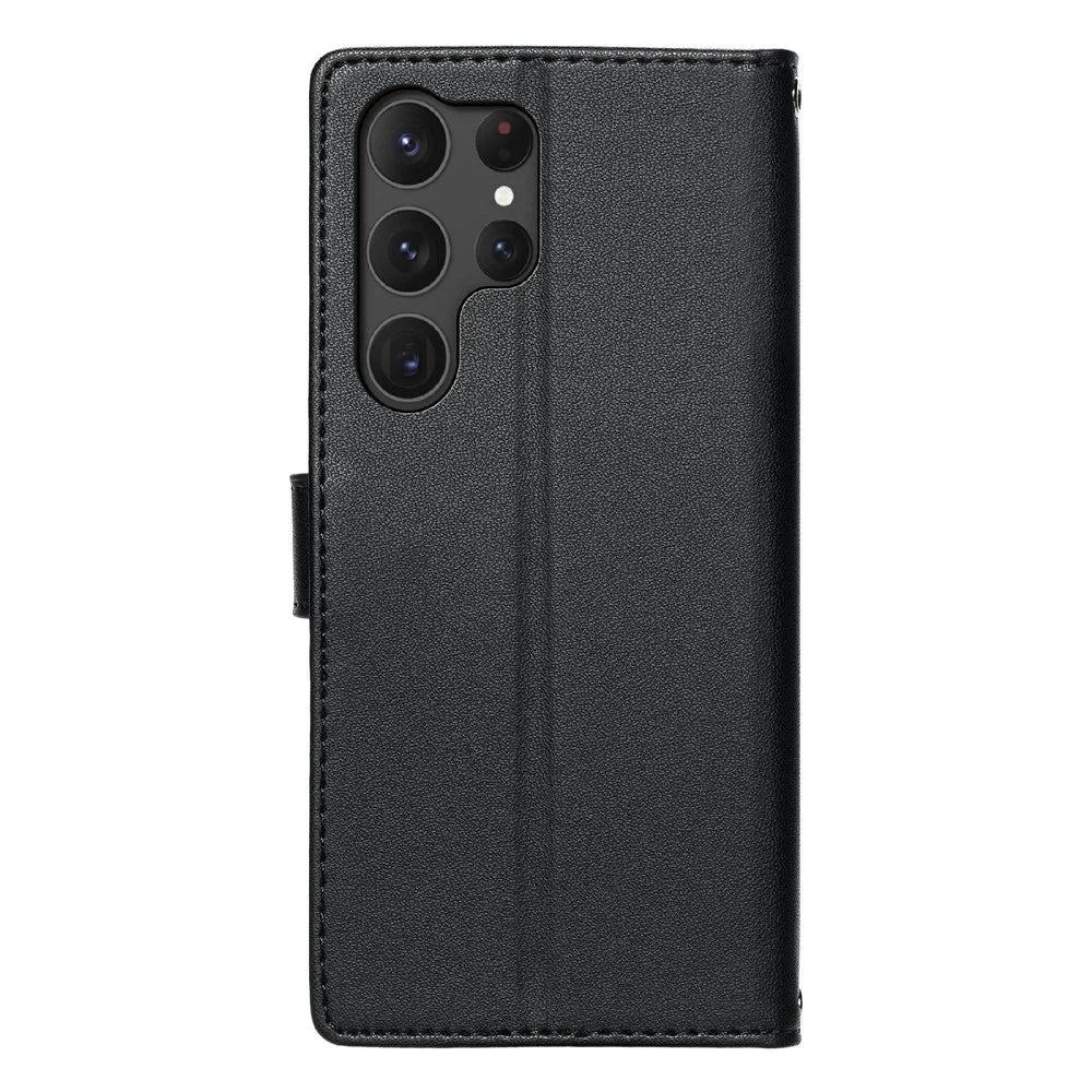 For Samsung Galaxy S25 Ultra Case Embossed Totem Leather Flip Wallet Phone Cover with Wrist Strap - Black - 6