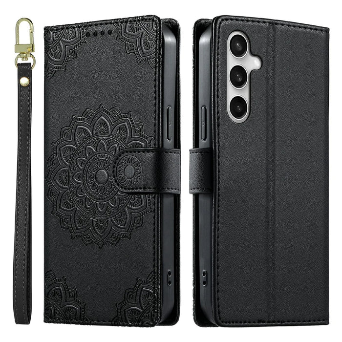For Samsung Galaxy S25 FE Case Embossed Totem Leather Flip Wallet Phone Cover with Wrist Strap - Black - 1
