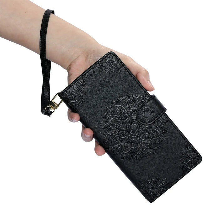For Samsung Galaxy S25 FE Case Embossed Totem Leather Flip Wallet Phone Cover with Wrist Strap - Black - 4